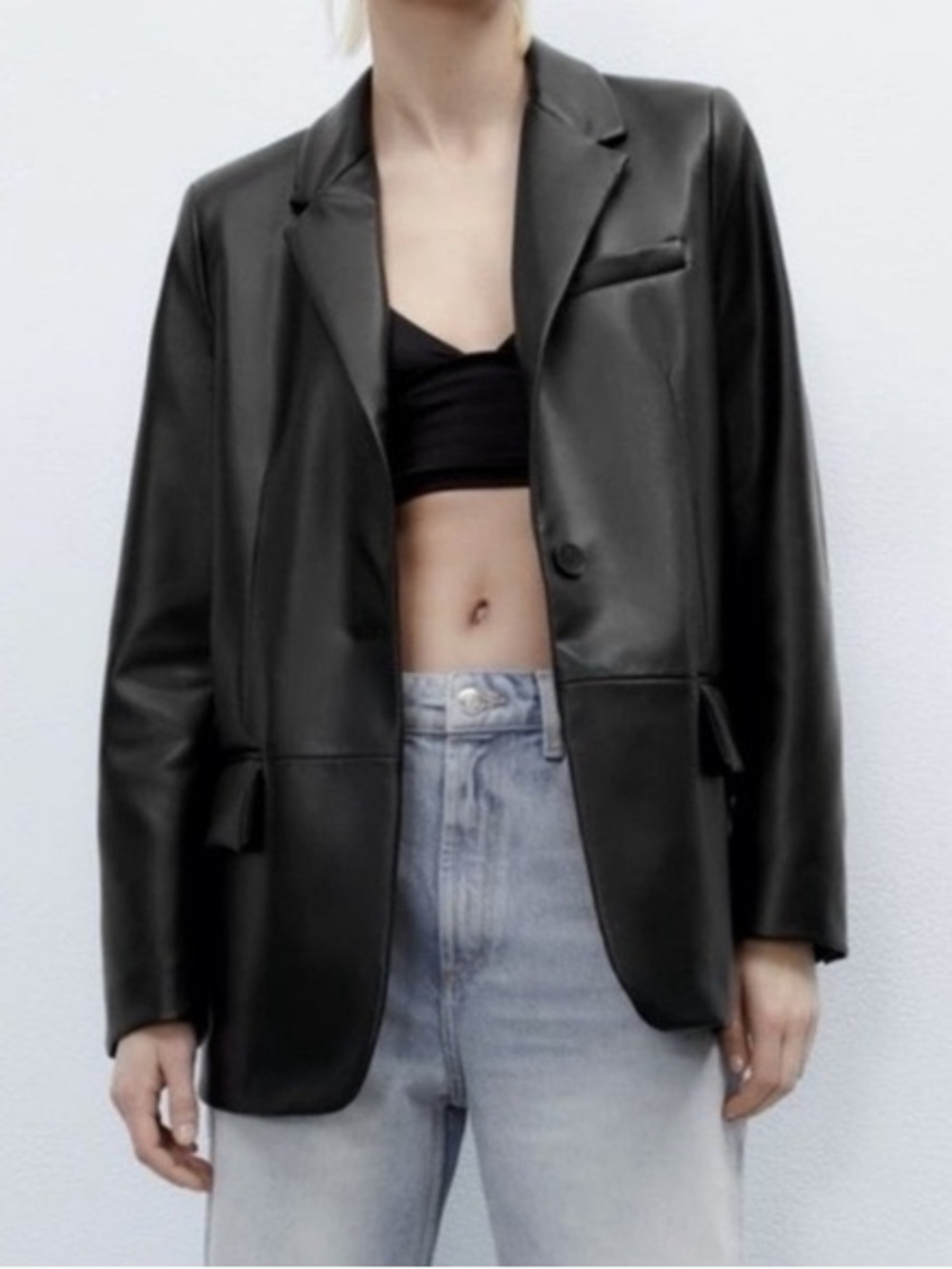 Zara Black Faux Leather Double Breasted Blazer Jacket Size XL